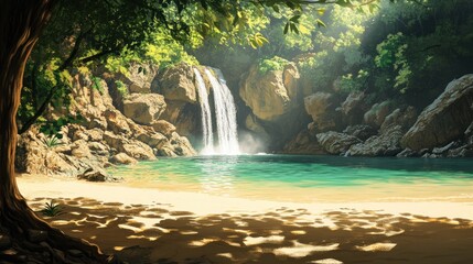 Serene waterfall cascading into a tranquil lagoon surrounded by lush foliage