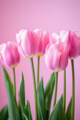 Fototapeta premium Pink tulips blooming against a soft pink background, perfect for Mothers Day, spring celebrations, floral arrangements, and vibrant home decor inspiration.