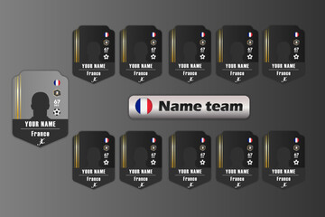 Customizable football player cards with France flag and team name on dark background. Sports gaming template for design