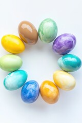 Colorful decorated Easter eggs arranged in a circular pattern, symbolizing spring, family traditions, festive celebrations, and holiday joy for Easter Sunday.