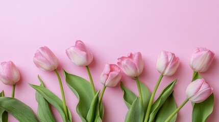 Obraz premium Pink tulips arranged on soft pink background, spring flowers, Mothers Day decor, floral elegance, vibrant bouquet, romantic gift, gardening, fresh blossoms.