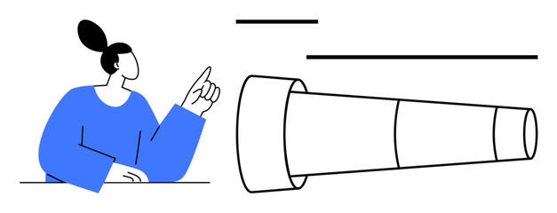 Woman pointing at a large telescope symbolizes vision, exploration, and insight. Ideal for strategy, goals, innovation, foresight, focus curiosity research concepts. Flat simple metaphor