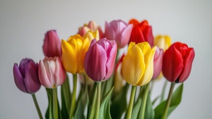 Naklejka premium Colorful bouquet of tulips in various shades, perfect for spring celebrations, Motherâ€™s Day gifts, floral arrangements, indoor decor, love, and appreciation.