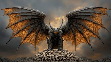 Shadowy Demon Lord with Massive Bat-Like Wings Towering Over a Pile of Skulls