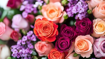 Colorful bouquet of fresh roses and purple flowers, perfect gift for International Womens Day, Mothers Day, Valentines Day, love, appreciation, floral arrangement.