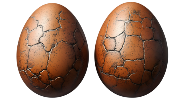 Two cracked eggs with a rough texture look like ancient artifacts on a transparent background