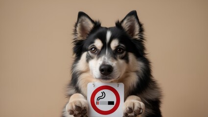 Dog holding a no smoking sign against a neutral background, conveying the message of health awareness
