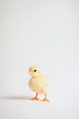 Obraz premium Newborn chick standing on white background, Easter celebration, adorable pet, springtime theme, animal photography, cute and fluffy, joyful moments, nature.