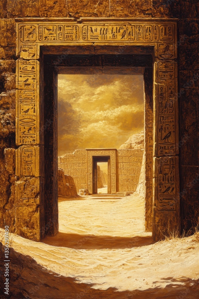 Aufkleber ancient gateway: an open doorway carved with hieroglyphs, leads to a series of doorways and a cloudy