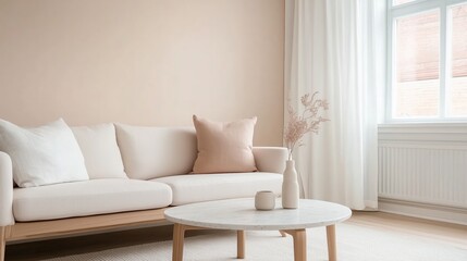 Fototapeta premium Beige living room with Scandinavian decor and soft light. modern home lifestyle concept