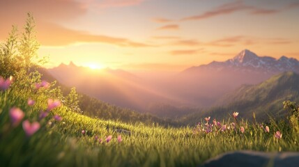 A serene landscape featuring a grassy field with vibrant flowers against a backdrop of majestic mountains