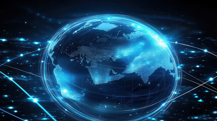 Obraz premium Digital blue glowing Earth globe with light beams and energy lines, a technology background for a global network concept