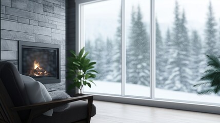 Fototapeta premium Cozy living room with fireplace and large window overlooking snowy forest. winter relaxation