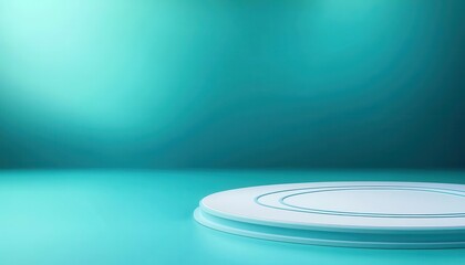 Minimalist turquoise studio backdrop with a circular platform for presentations.