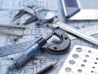 Engineering tools and blueprints for precision measurement and quality control