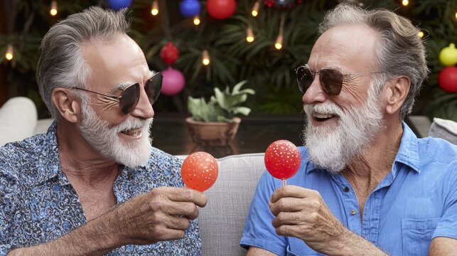 Two Happy Senior Men Enjoying a Festive Outdoor Gathering - Powered by Adobe
