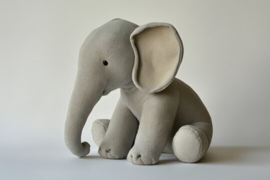 A soft grey plush elephant toy sitting on a white surface