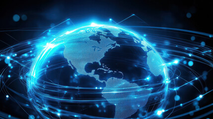 Obraz premium Digital blue glowing Earth globe with light beams and energy lines, a technology background for a global network concept