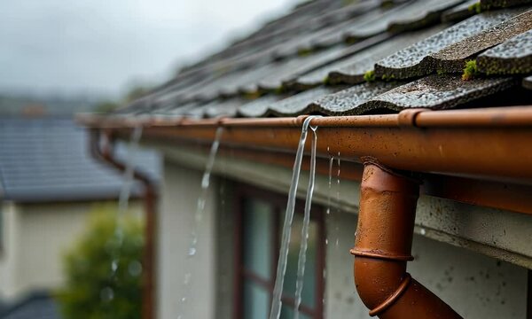 Rainwater Draining from Copper Gutters on a House