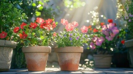 Little planting geraniums in flower pots.