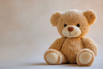 Obraz premium A brown teddy bear sitting happily on a neutral background