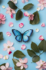 Butterfly on blue background surrounded by pink flower petals and green leaves, springtime, nature beauty, fresh beginnings, Mothers Day, serenity, floral design.