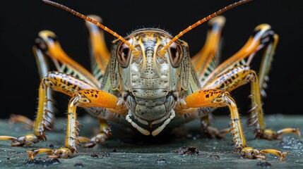 Fototapeta premium Close-up of a Grasshopper with Detailed Markings on a Dark Background