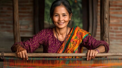 Joyful Indian Woman Weaving Traditional Textile in a Rural Setting with Vibrant Colors