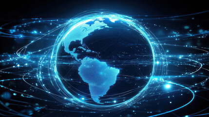 Obraz premium Digital blue glowing Earth globe with light beams and energy lines, a technology background for a global network concept