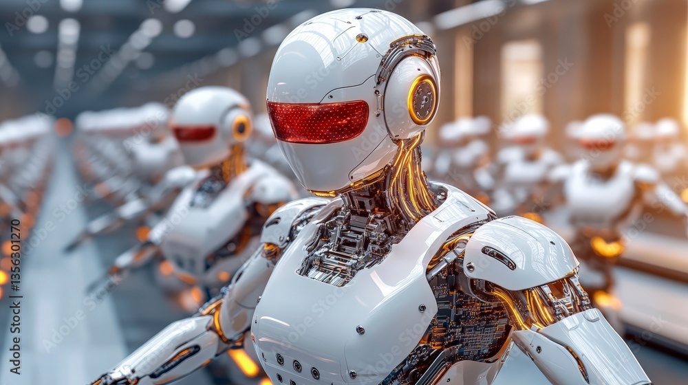 Poster advanced robotic arms in synchronization within a modern factory assembly line setup