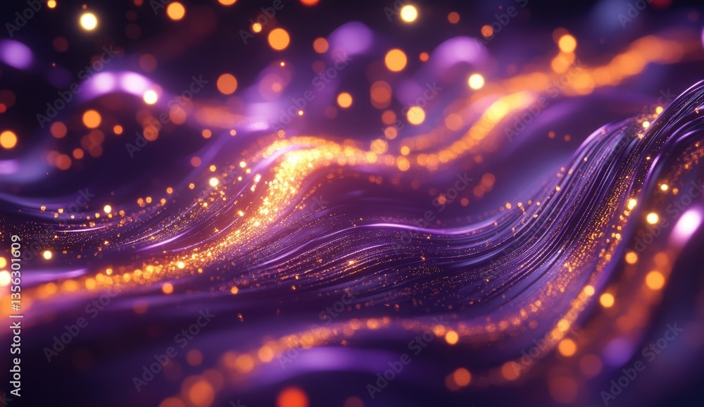Poster abstract swirling ribbons of glowing particles in deep purple and orange. a mesmerizing display of f
