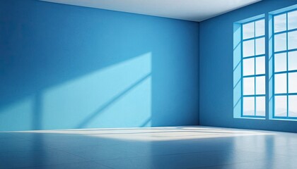 Serene Blue Room with Sunlight: A tranquil interior view of a bright blue room, sunlight streaming through a large window, casting shadows and illuminating the empty space.