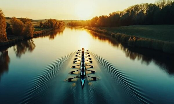 Rowing team paddles down river at sunset creating ripples in the water view