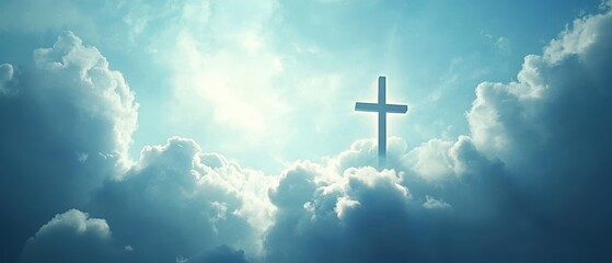 Bright cross silhouetted against dramatic clouds, symbolizing hope and faith, spiritual inspiration, heavenly light, religious reflection, Easter celebration.
