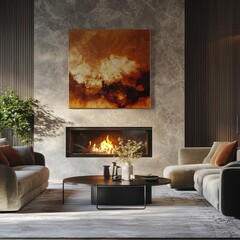 Inviting living room with a fireplace and soft, neutral tones. Artistic wall decor adds to the cozy atmosphere. #homedecor #livingroom