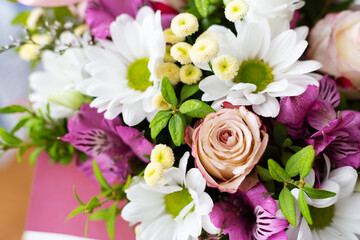 A vibrant bouquet of white daisies, pink roses, and purple alstroemerias creates a stunning floral arrangement