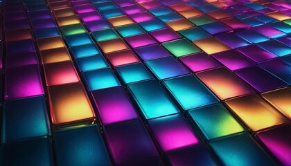 Chromatic Tiles: A mesmerizing display of color and light unfolds on a surface of geometric tiles, presenting a vibrant, textured pattern. Capturing the essence of modern design and digital art.