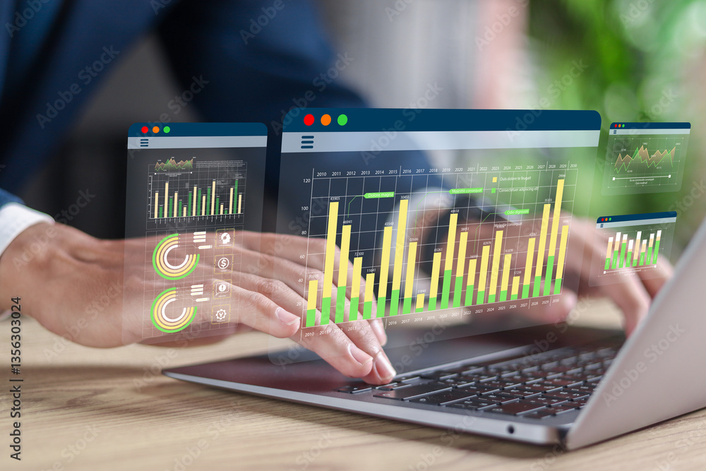Poster data analytics, reports with kpis and metrics connected to the database, finance, sales, marketing, 