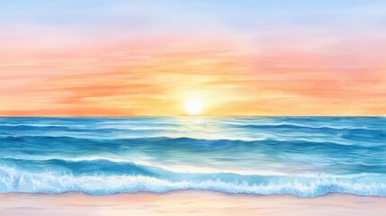A serene sunset over a calm ocean, with vibrant hues of orange and blue reflecting on the water, creating a peaceful and tranquil atmosphere.