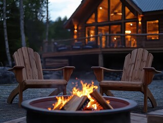 Relaxing by the fire with rustic cabin in background. Chairs provide inviting comfort under the warmth of the cabin's glow.