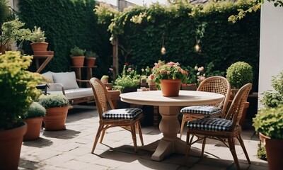 A cozy terrace with potted plants, wooden furniture, and a serene mountain view bathed in warm sunset light.