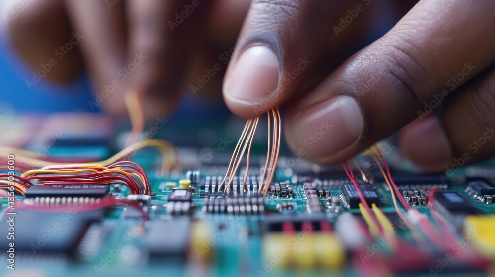 Poster close-up of a hand working on a circuit board, manipulating colorful wires and components, showcasin