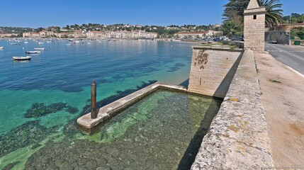 Fototapeta premium Picturesque Coastal Town with Crystal Clear Waters and Historic Walls