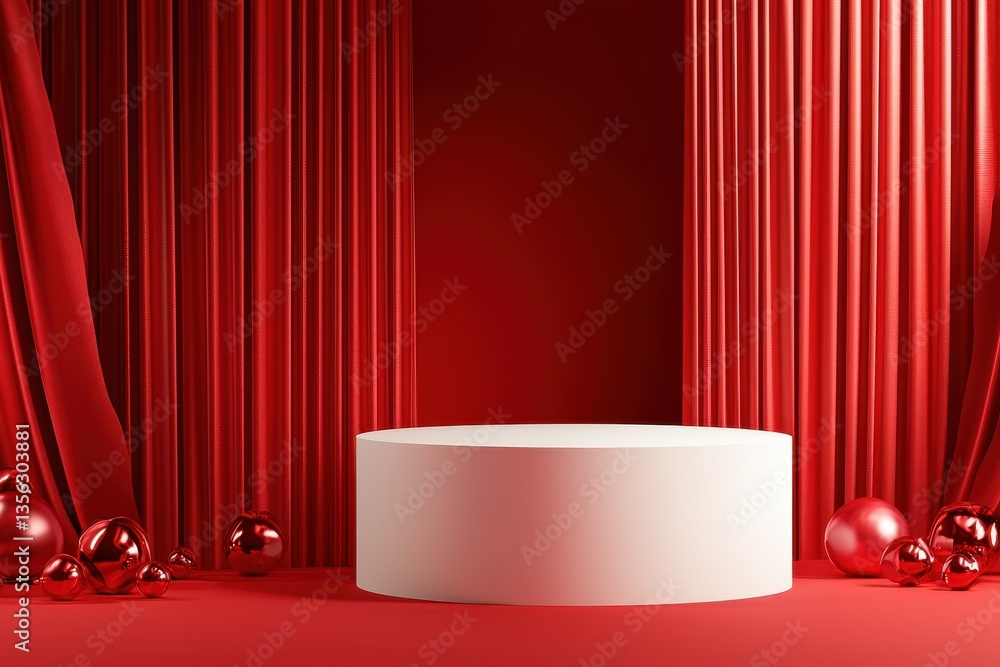 Poster minimalist red display with a circular podium and reflective spheres