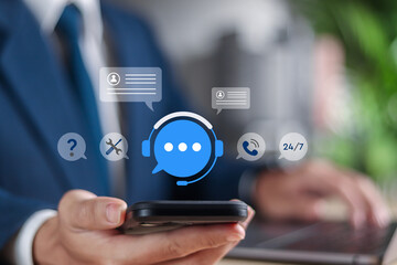 24-7 customer service support concept, Customer help center. Customer showing support service icons on virtual screen.