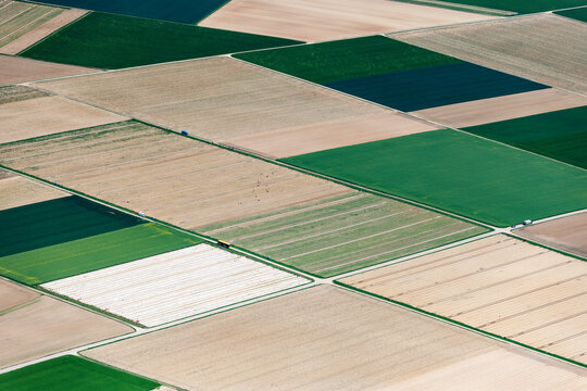 Aerial view of cultivated agricultural fields with a patchwork pattern
