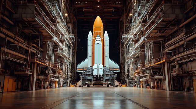 A large space shuttle stands in a massive industrial hangar