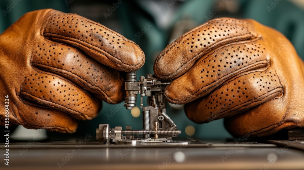 Poster close-up view of factory workers assembling equipment with gloved hands in a manufacturing setting