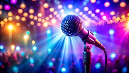 Obraz premium Microphone on Stage with Vibrant Purple and Blue Concert Lighting, Spotlight Effect, and Blurred Audience Silhouettes