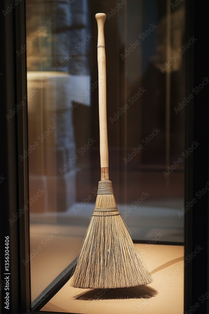 Poster a broom sitting on a table next to a window, ready for use